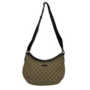Gucci Shoulder Bag GG Pattern Beige Dark Brown Leather